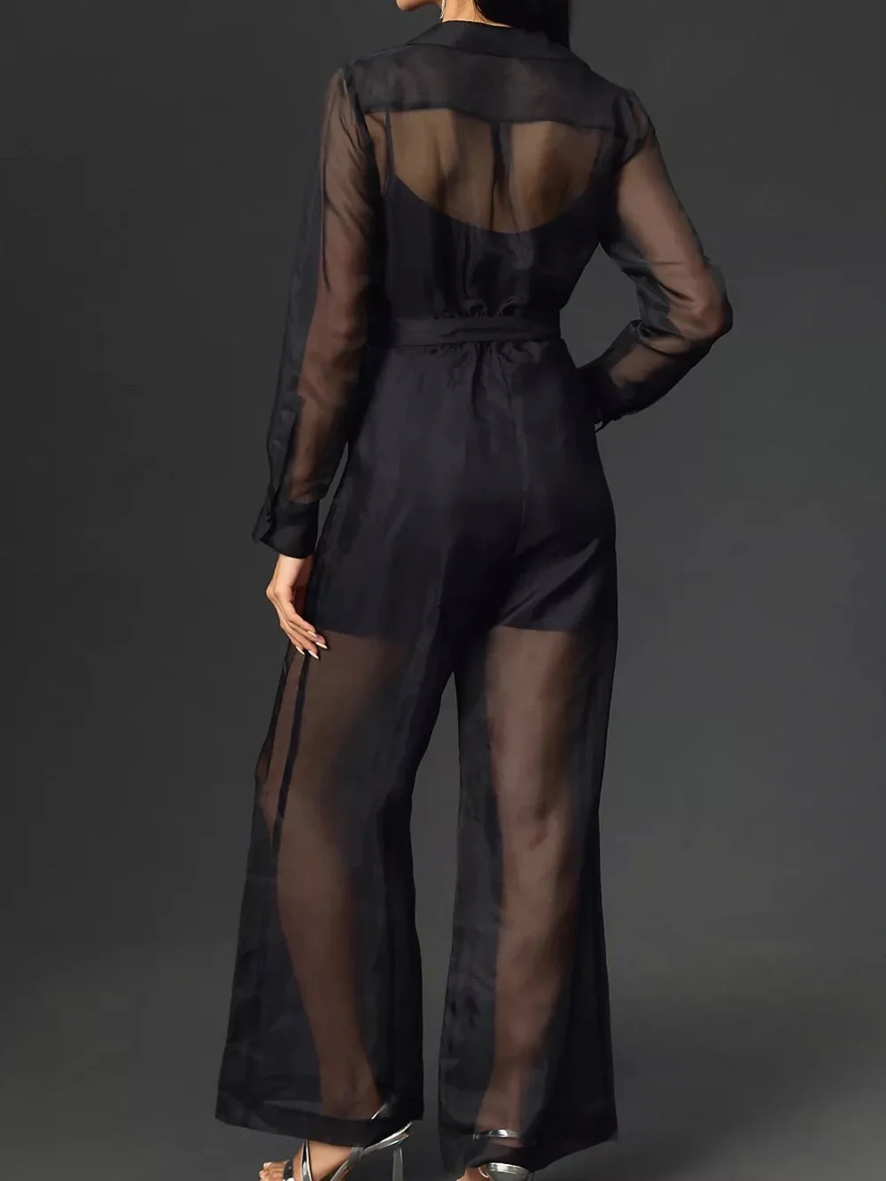 By Anthropologie Sheer silk Utility Jumpsuit long sleeve wide leg in black